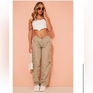 PrettyLittleThing US 4 Sage Khaki Lightweight Shell Low Rise Cargo Pants NEW